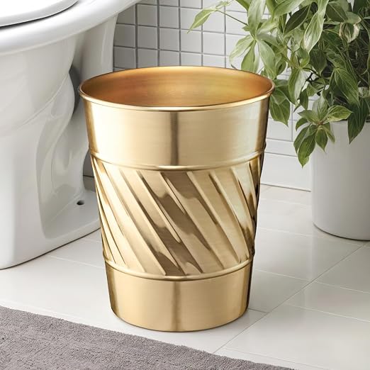 Monarch Abode Brushed Gold Handcrafted Wave Embossed Metal Wastebasket - Image 6