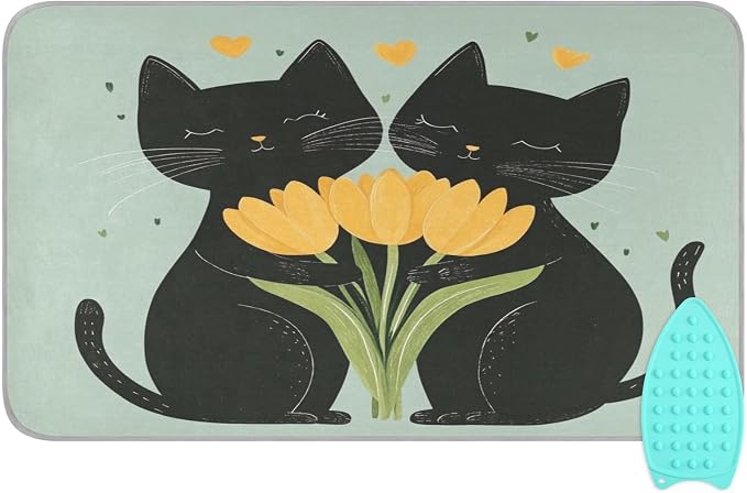 Black Cats Tulips Green Ironing Mat Thickened Ironing Blanket Travel Portable by QwThum