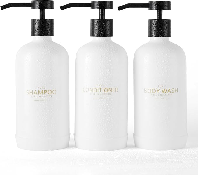 Shampoo and Conditioner Dispenser Set of 3, Refillable 21oz Shampoo Bottles by Janxinmakeyouloveyourhome
