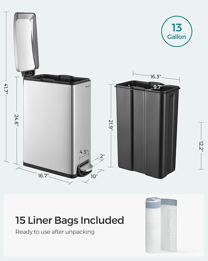 SONGMICS Slim Trash Can, 13-Gallon Garbage Can - Image 6