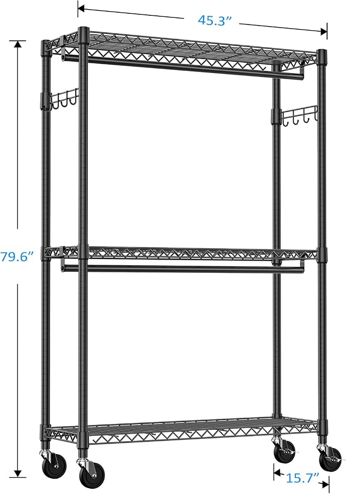IZEUK 3 Tier Heavy Duty Rolling Garment Rack Wire Clothes Rack - Image 8
