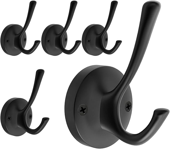 Black Towel Hooks for Wall, 5 Pack Coat Robe Hook Heavy Duty Metal Double Bath by TOFIIGREM