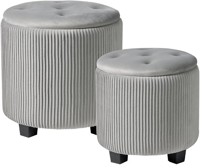 Big Round Ottoman with Storage Set of 2, Upholstered Velvet Vanity Stool by HomePage