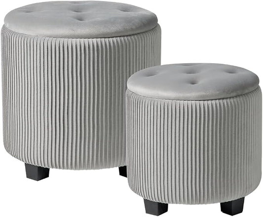 Big Round Ottoman with Storage Set of 2, Upholstered Velvet Vanity Stool by HomePage