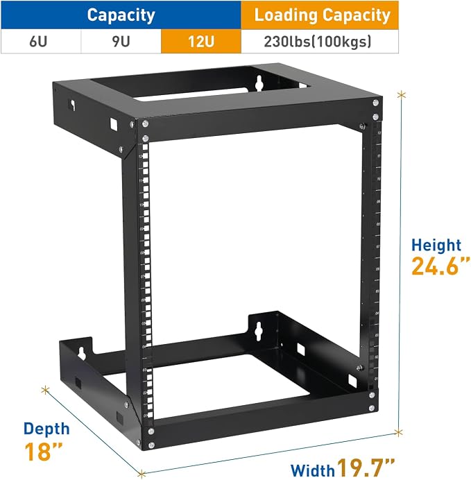 12U Wall Mount Rack Open Frame 19 Inch Server Equipment 2 Post Network Cabinet - Image 2