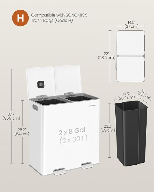 SONGMICS Trash Can, 2 x 8 Gallon Double Garbage Can - Image 6