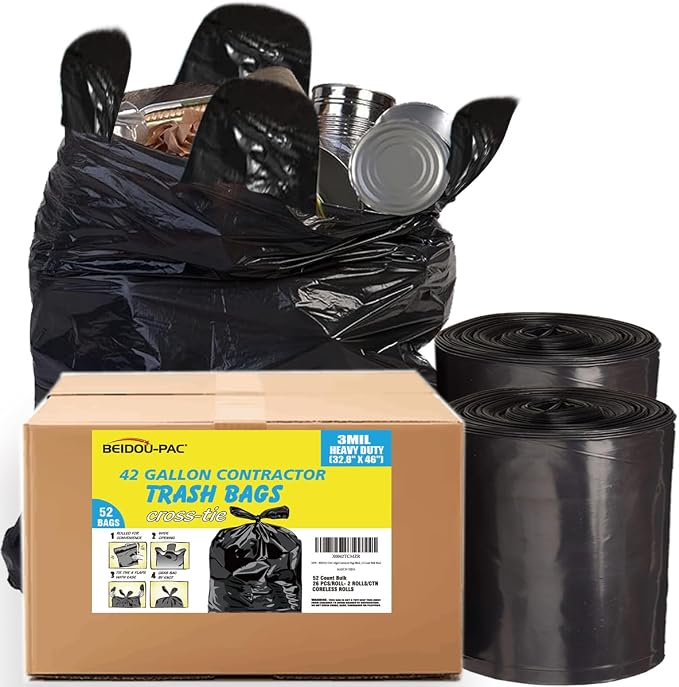 Contractor Heavy Duty Trash Bags 42 Gallon | 52 Count | 3 MIL | 32.8" X 46" | by BEIDOU-PAC