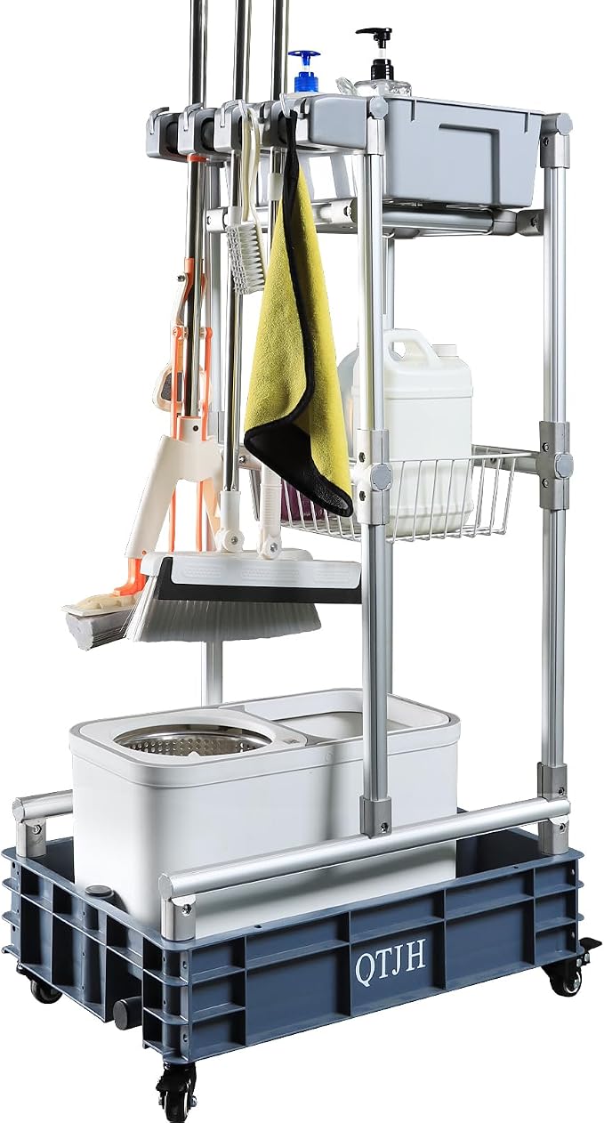 Rolling Cleaning Cart with Mop & Broom Organizer ， Convenient Storage Cart by QTJH