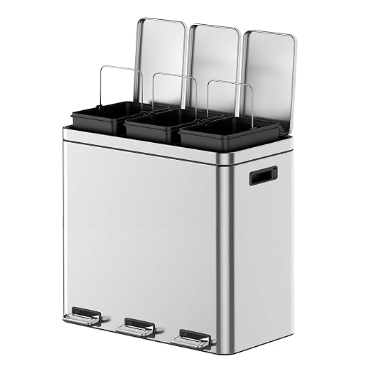 3 x 5.3 Gal Trash Can, Stainless Steel Triple Compartment Step-On Recycling Bin by Unknown