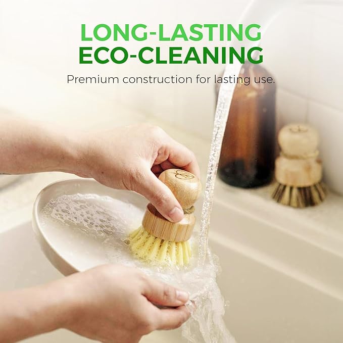 Bamboo Dish Brush Set of 3-100% Plastic Free Kitchen Scrubber - Image 3