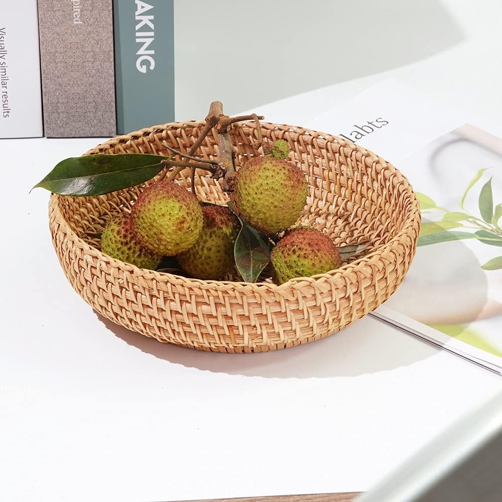 Small Round Keys Basket for Entryway Woven Baskets for Organizing | Tabletop Decorative Wicker Organizer Basket for Keys Wallet Cell Phone for Fruit Candy Cracker