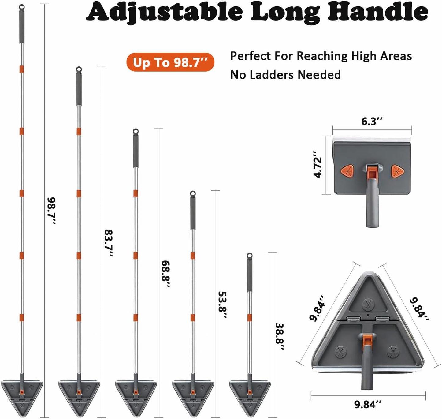 Upgraded Wall Cleaner Mop & Baseboard Cleaning Tool with 98" Long Handle, Duster Mop for Painted Wall, Ceilings, Windows, Floor, 2-in-1 Triangle & Rectangle Head with Squeegee, 10 Washable Pads