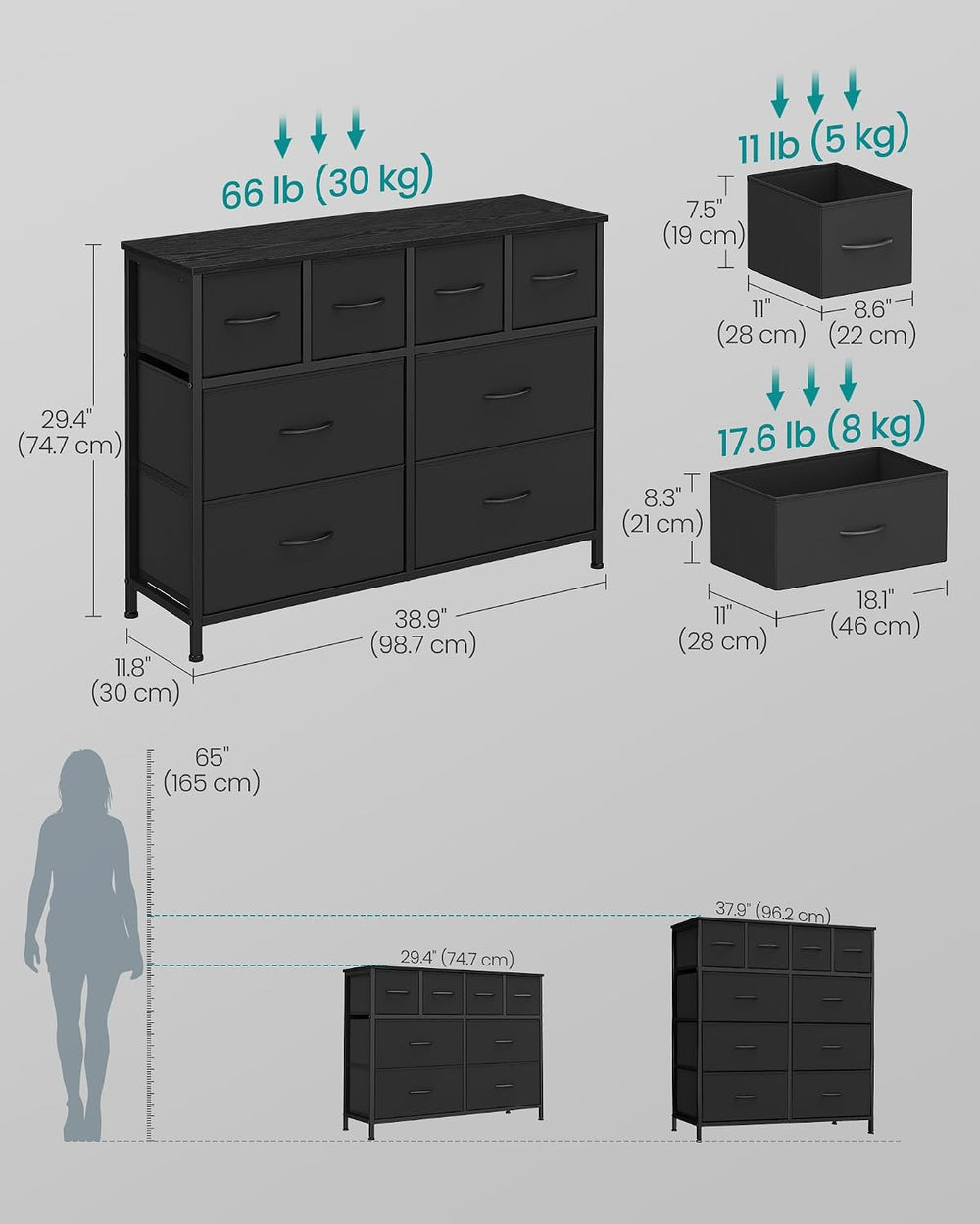 SONGMICS Wide Dresser for Bedroom, 8 Fabric Drawers with Steel Frame