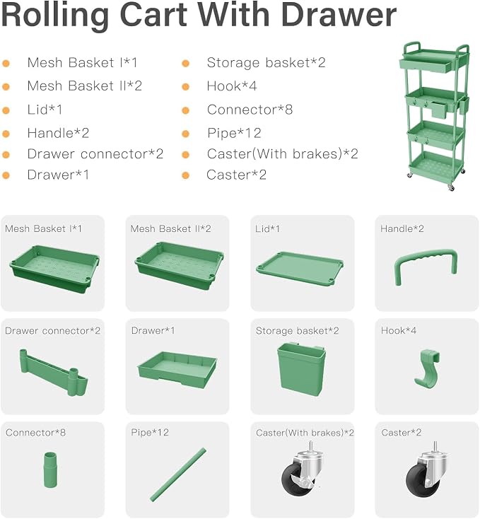 4 Tier Rolling Cart Organizer, Art Craft Diaper Bedside Snack Laundry Room - Image 7