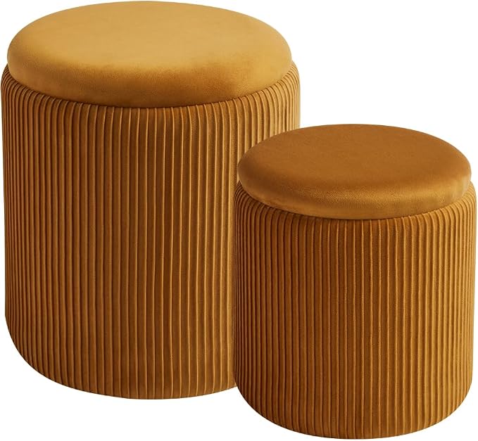 Round Set of 2 Ottoman with Storage-Upholstered Velvet Vanity Stool by HomePage
