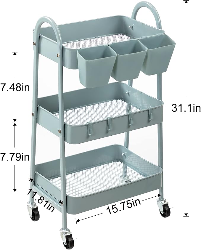 danpinera 3-Tier Rolling Cart, Metal Rolling Storage Cart - Image 3