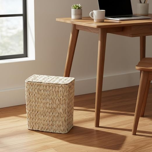 Wicker Trash Can with Lid and Liner, Boho Decotative Small Bathroom Trash Cans - Image 5