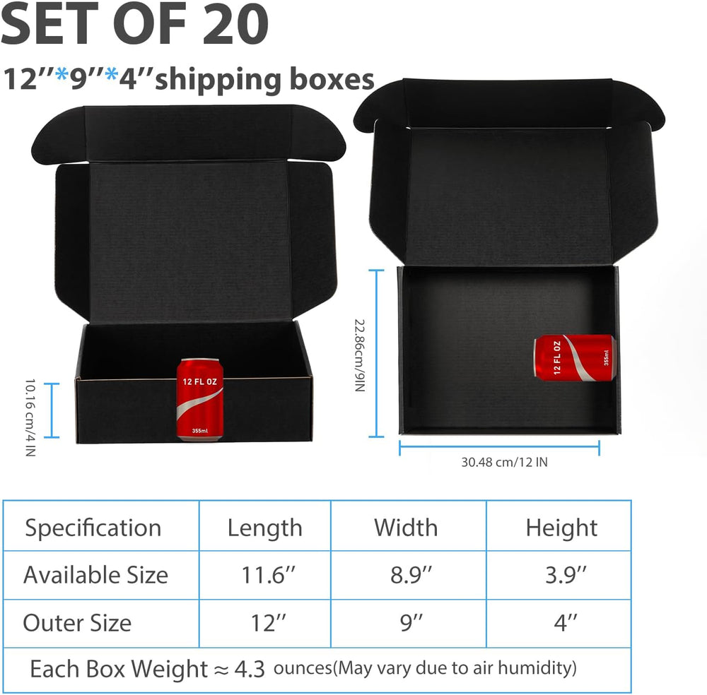 Black Shipping Boxes 12x9x4 Inches, 20 Pack