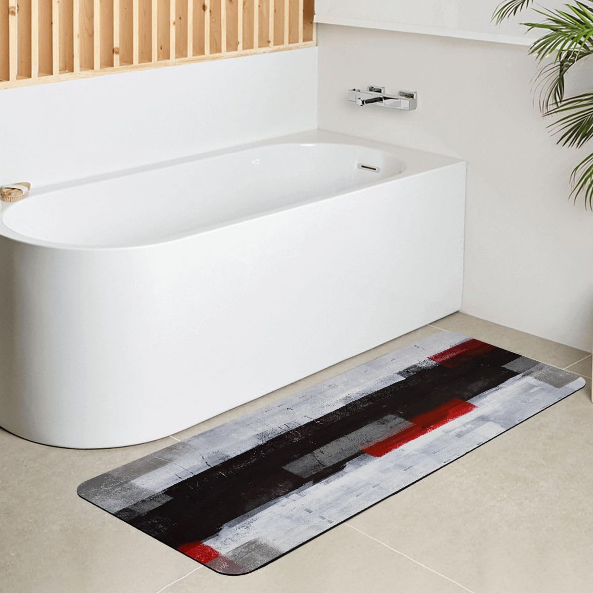 Extra Long Bath Runner Rug, Black and Grey Red Abstract Art, Non Slip with Rubber Backing, Thin Absorbent Quick Dry, Bath Mats for Bathtub Bathroom, 15.7x47.2 Inch