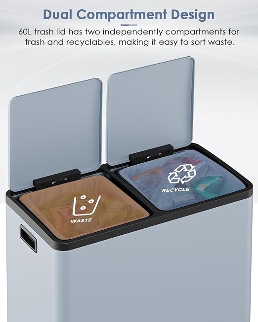 AthLike 60L Dual Trash Can, Stainless Steel Kitchen Garbage Can, Double - Image 5