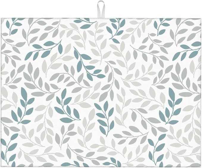 Grey And Blue Leaves Branches Microfiber Absorbent Reversible Dish Drying Mat by GOCGRVOfficialOnline