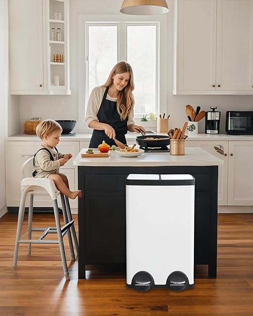 Dual Compartment Stainless Steel Trash Can, 16 Gallon / 60 Liters White Kitchen - Image 2