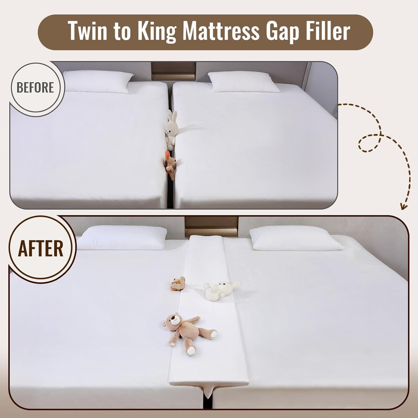 Vekkia 80" x 12" Twin XL/Twin to King Converter with Internal PE Support Sheet & High-Density Foam, Split King Gap Filler for Adjustable Bed, Guest Room, Vacation Rentals, Hotel, Washable Cover