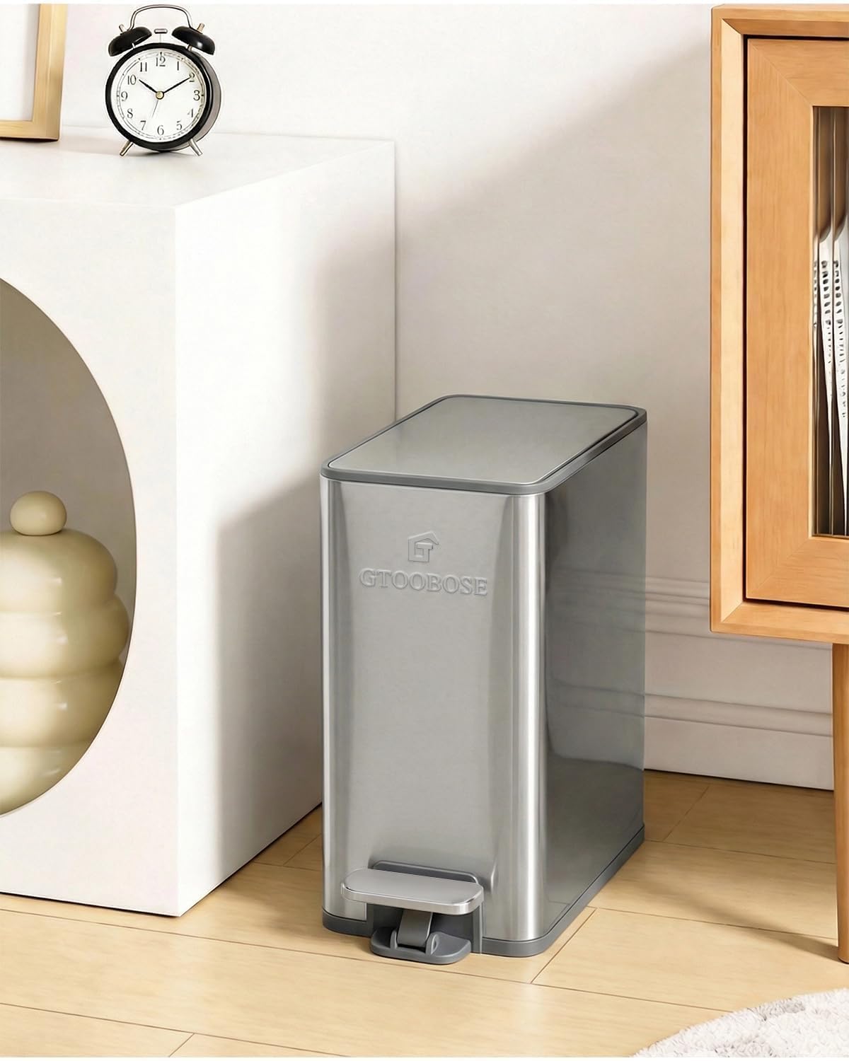 6L/1.6G Slim Bathroom Trash Can, Narrow Stainless Steel Soft-Close Step Pedal Bin with Lid, Odor-free Carbon Box, Removable Inner Bucket, Matte Small Waste Bin for Bedroom, Office, RV(Silver)