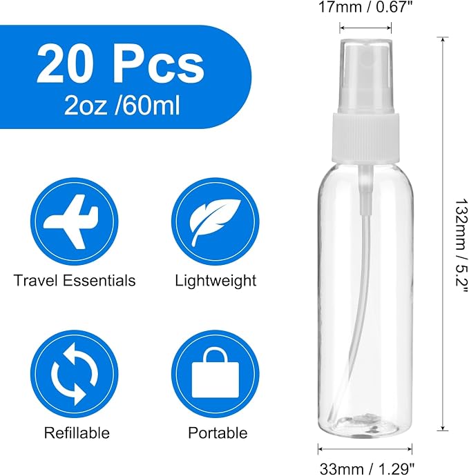 uxcell 20Pack Spray Bottles, 2Oz/60ML Clear Empty Mist Plastic Mini Travel - Image 2