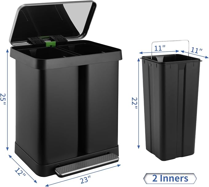 16 Gallon Dual Compartment Trash Can, Hands-Free Recycling Rectangular Garbage - Image 2