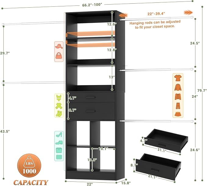 Closet System, 4-8 FT Closet Organizer Tower - Image 3