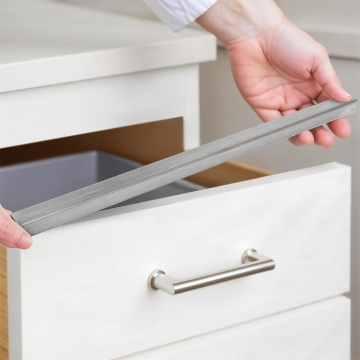 Stainless Steel Drawer Cap Protects Cabinet Edges from Damage. Slip-on Design with 3M Adhesive for a Secure fit. Fits 3/4" Thick or Less Doors and Drawers (Brushed Stainless, 17 Inch)
