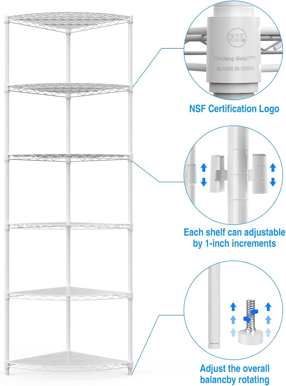 NSF 6-Tier Metal Corner Shelf Wire Shelving Unit - 420 lbs Capacity, Adjustab...
