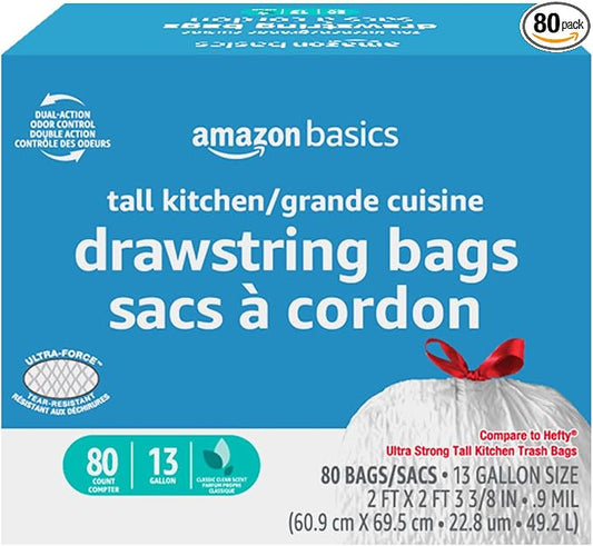 Amazon Basics Ultra-Force Tall Kitchen Drawstring Trash Bags, Classic Clean by AmazonBasics