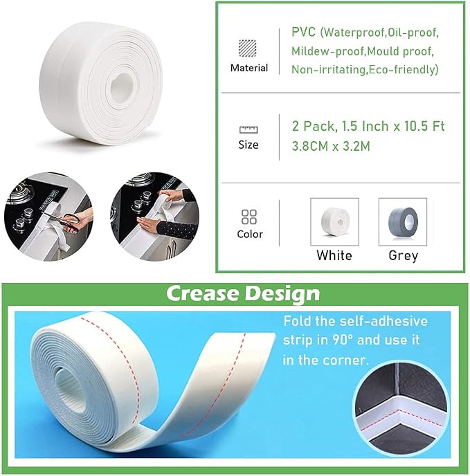 2 Pack Caulk Strip, 1.5" x 10.5Ft PVC Self Adhesive Caulk Tape, Sealing - Image 2