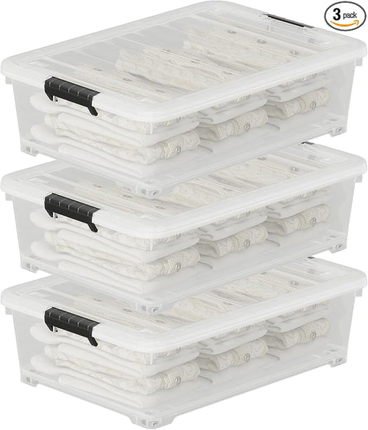 52 Quart Large Plastic Underbed Latching Storage Box, 3 Packs by Ponpong