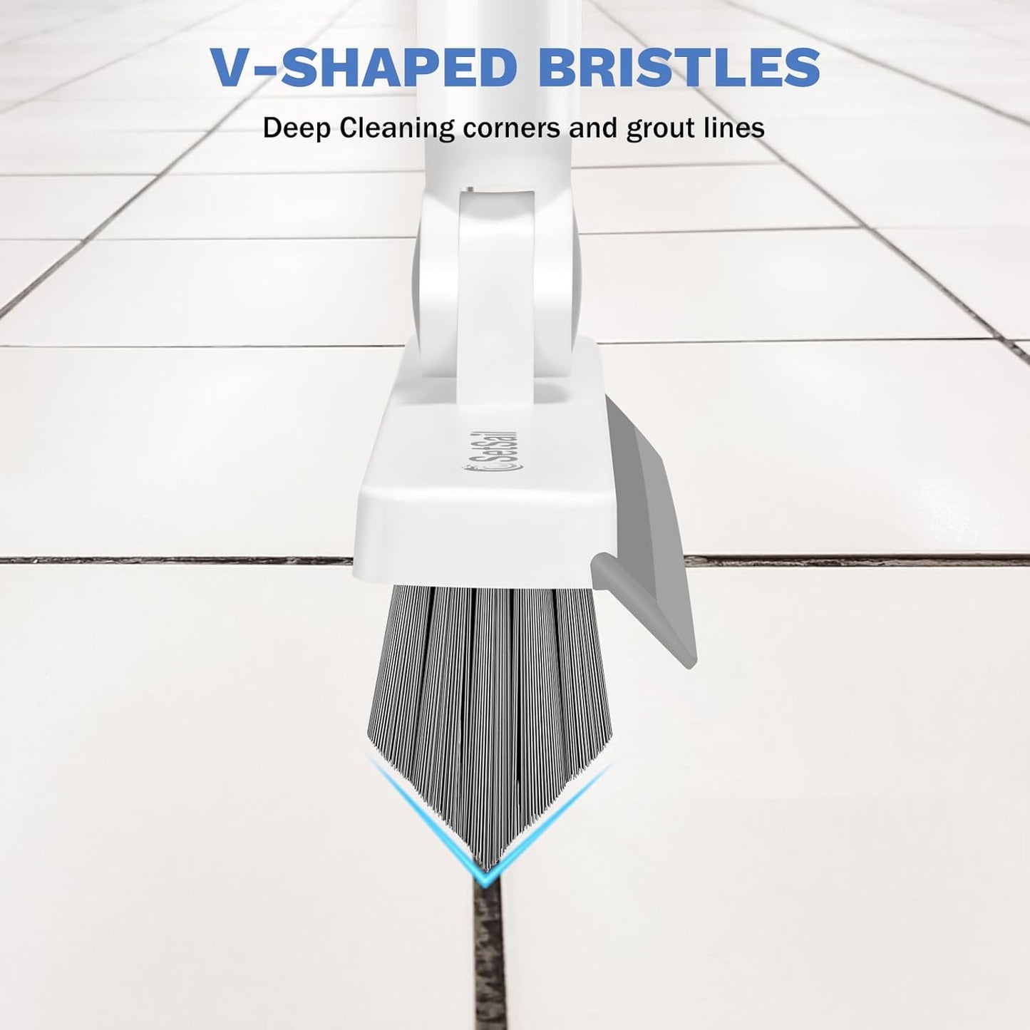 SetSail Grout Cleaner Brush with Long Handle, V-Shaped Floor Scrub Brush Swivel Grout Brush Stiff Bristle Floor Grout Scrubber for Bathroom, Tile Line, Crevice, Kitchen, Wall, Deck, Garage, White Grey