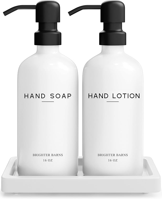 White Glass Soap and Lotion Dispenser Set by BrighterBarns