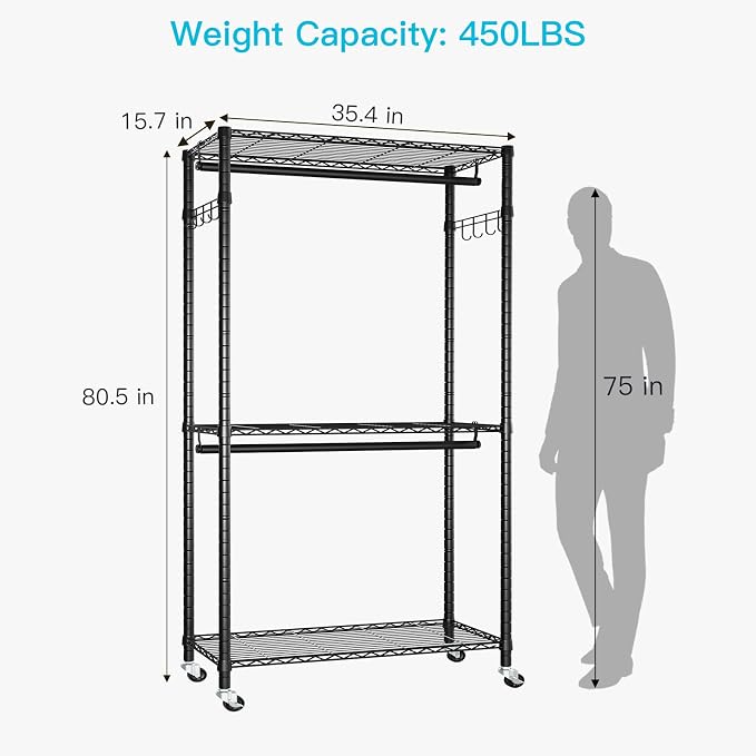 FUTASSI P1 Heavy Duty Garment Rack, 3 Tiers Adjustable Rolling Metal Closet - Image 6