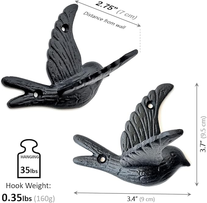 Ambipolar 5-Pack Bird Flying Style Coat Hooks, Vintage Black Hooks - Image 3