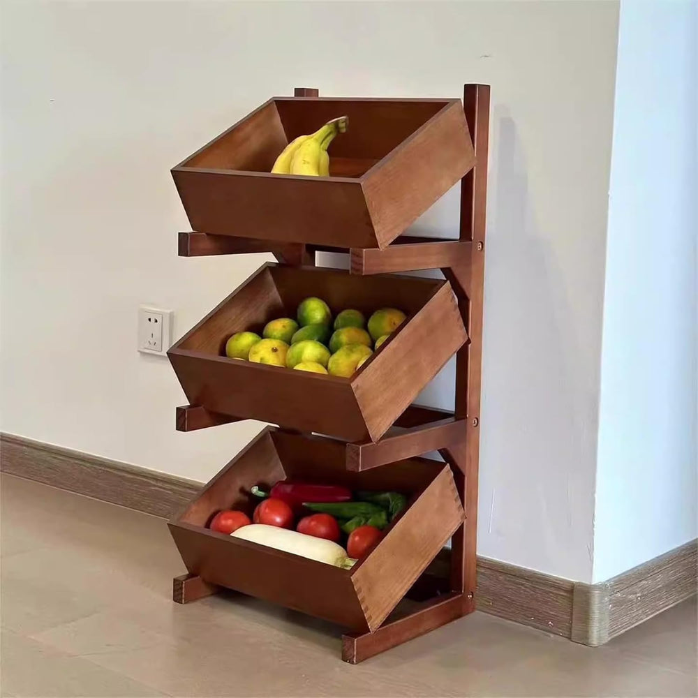 3 Tier Wood Fruit and Vegetable Basket Stand Rack for Kitchen, Fruit Basket f...