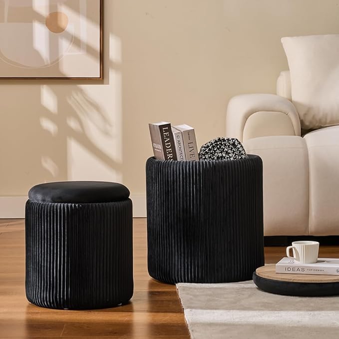 Round Set of 2 Ottoman with Storage-Upholstered Velvet Vanity Stool - Image 2