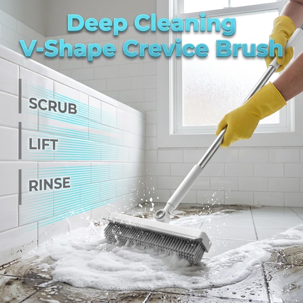 Floor Scrub Brush with Long Handle, 3 in 1 Scrape and Heavy-Duty Stiff Bristle Scrubber Brush, 2-in-1 Floor Brush with Built-in Squeegee, 3 in 1 Floor Scrub Brush (White-1PC)