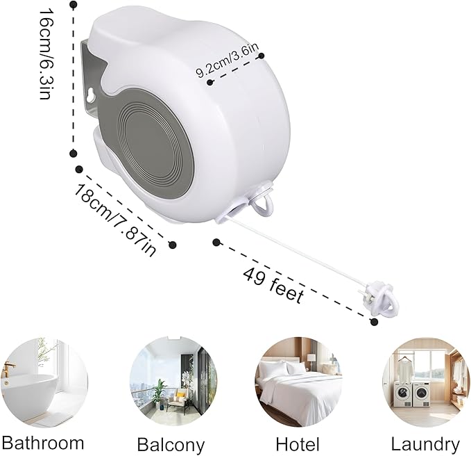 Retractable Clothesline Outdoors, 49 Feet PVC Heavy Duty Retractable Clothes - Image 3