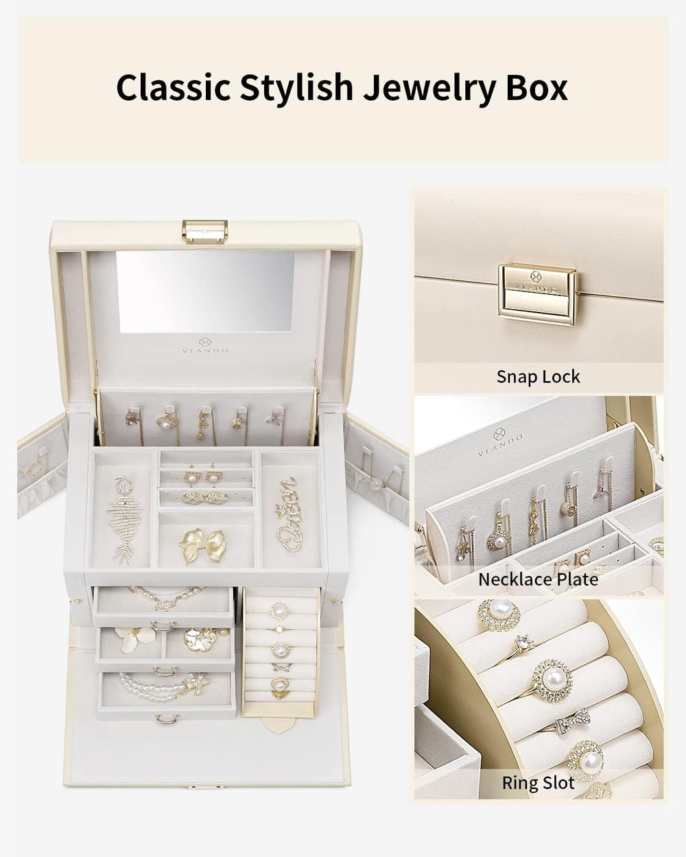 VLANDO Jewelry Box for Girls with Mirror and 3 Drawers,Apricot White