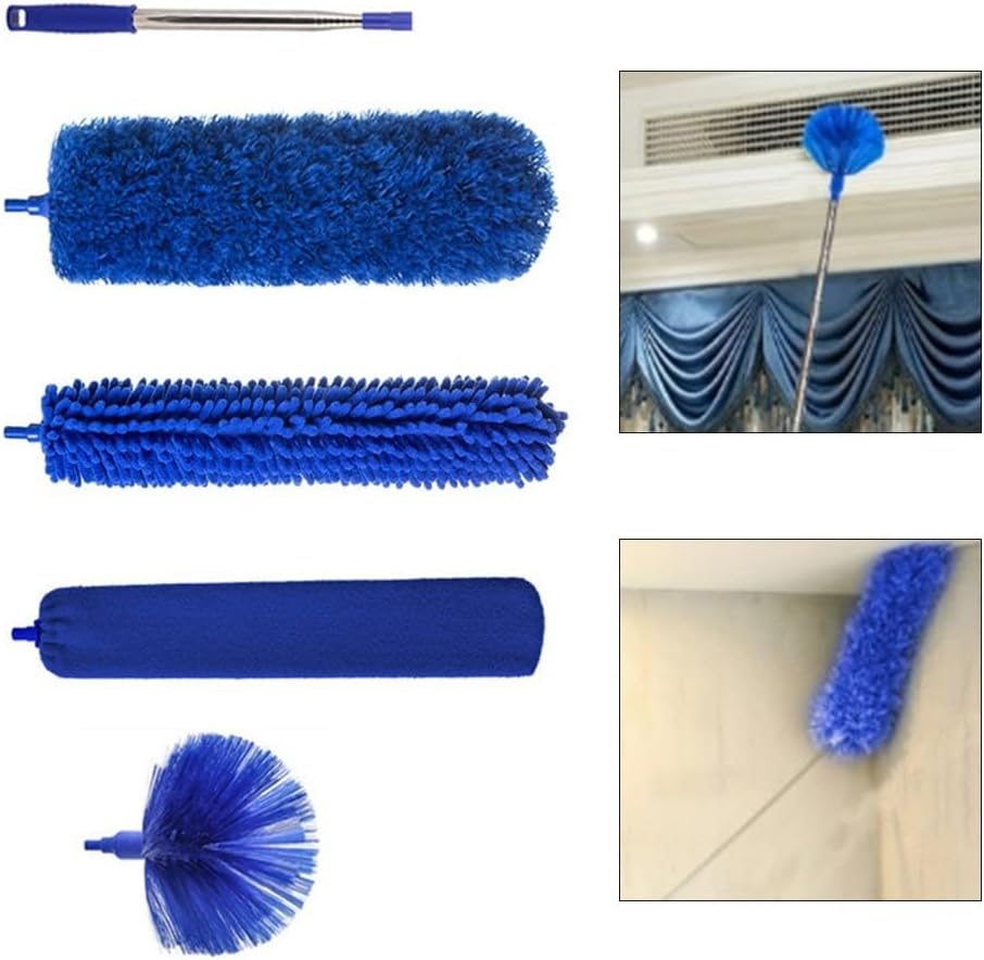 Extendable Duster Having 100 Inch Pole Washable Feather Duster Set for Prime Ceiling Fan and Furniture Cleaning Flexible Bendable Head 5-piece Blue Set