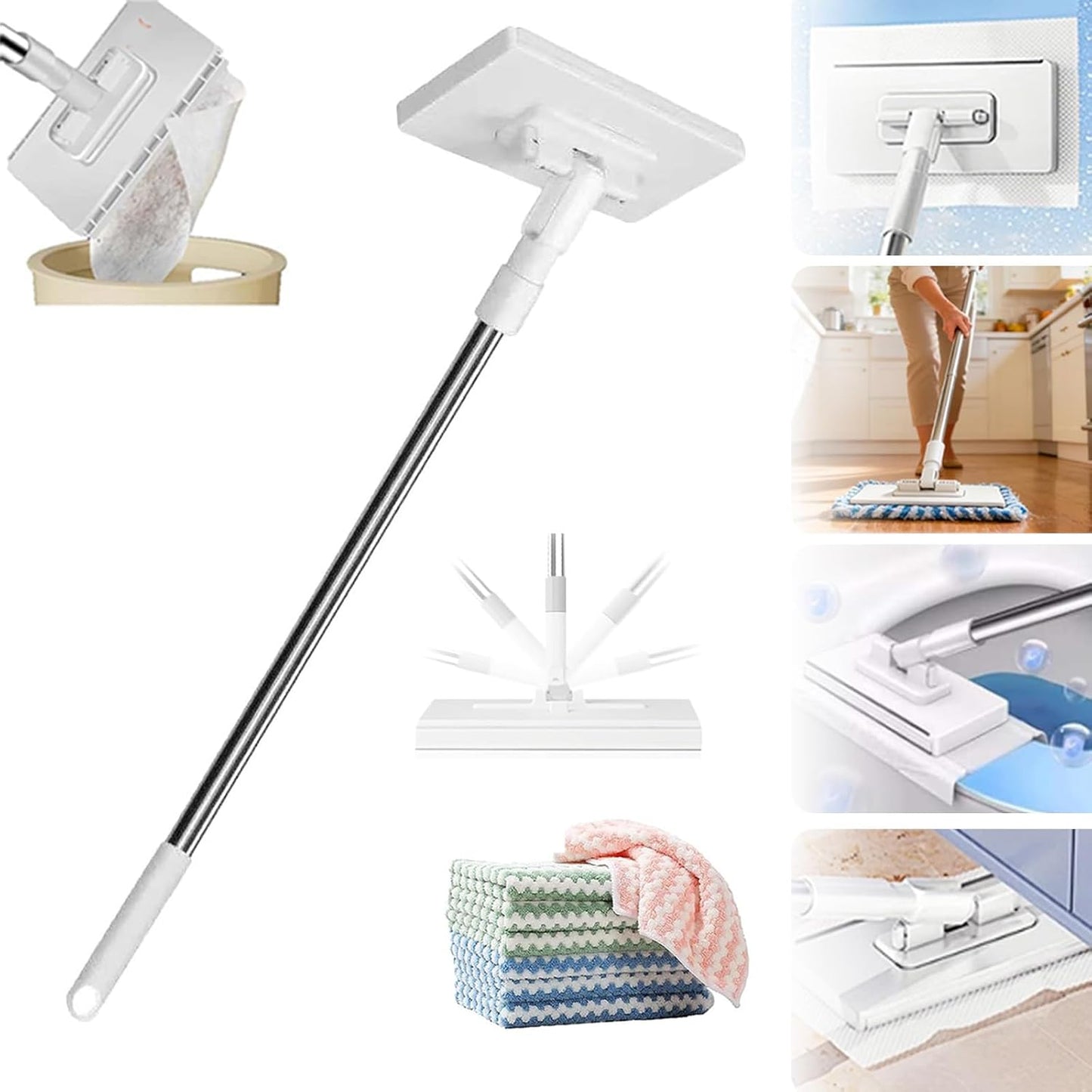 Snap Grip Mini Mop, Hands Free Multi Purpose Flat Mop, Upgraded Disposable Dust, Zero Touch Mini Mops, Convenient Cloth Changing Mops, Foldable Adjustable Long Handle (1pc+ 5 Cloths)