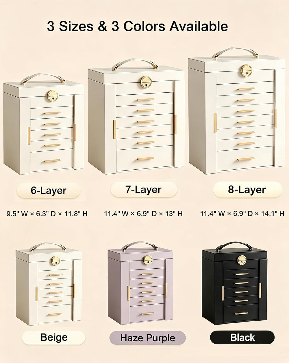 Lolalet Large Jewelry Box, 6-Layer Jewelry Organizer with 5 Drawers -Beige