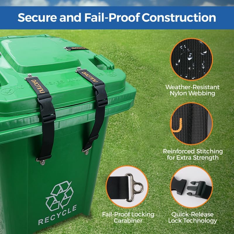 Trash Can Lock for Animals, 4PCS Adjustable Straps Garbage Can Locks for 28-100 Gallon Outdoor Bins, Bear Proof Trash Can Lock with Anti-Rust Metal Buckle, One-Hand Release Lid Locking Design