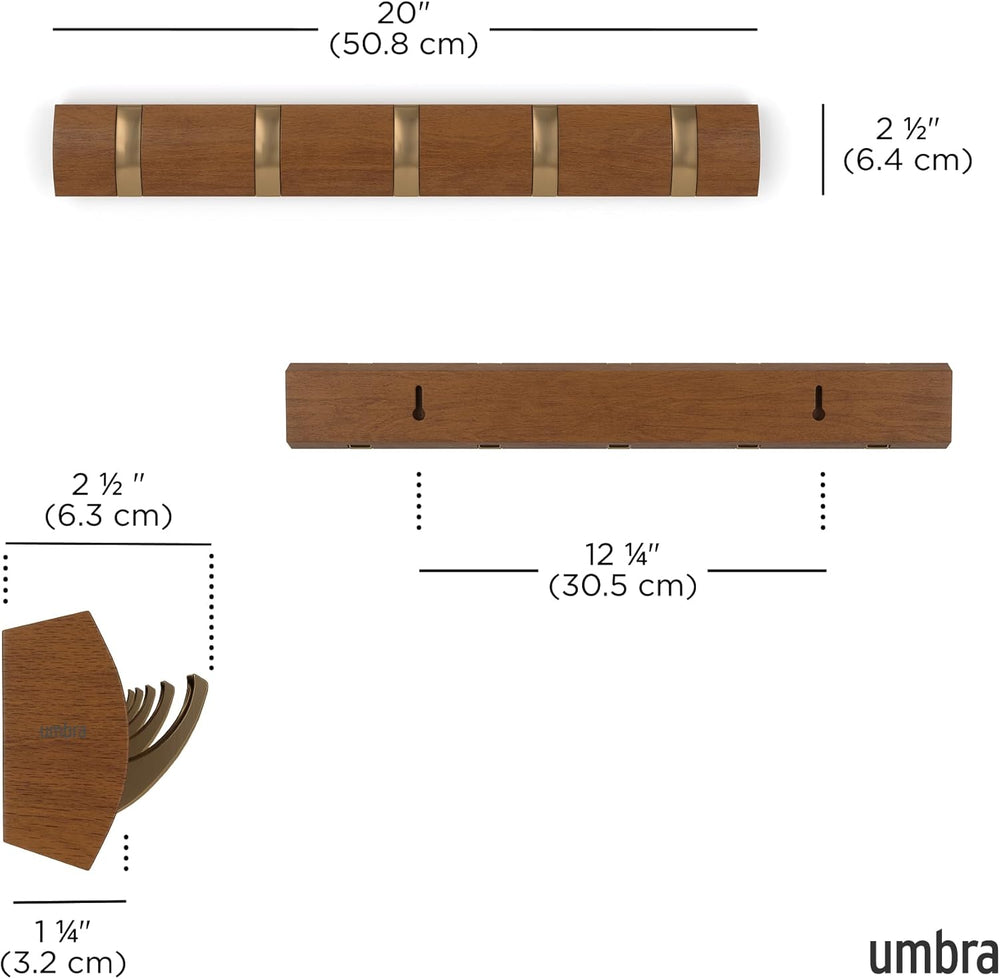 Umbra Flip Coat Rack, Wall Mounted 5-Hook Space Saving, Walnut/Gold
